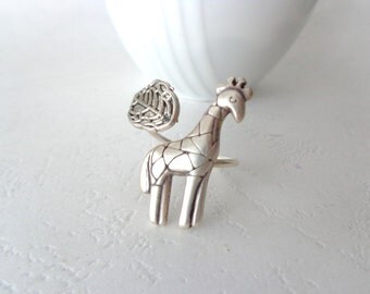 Silver giraffe ring with a leaf wrap ring, adjustable ring, animal ring, silver ring, statement ring