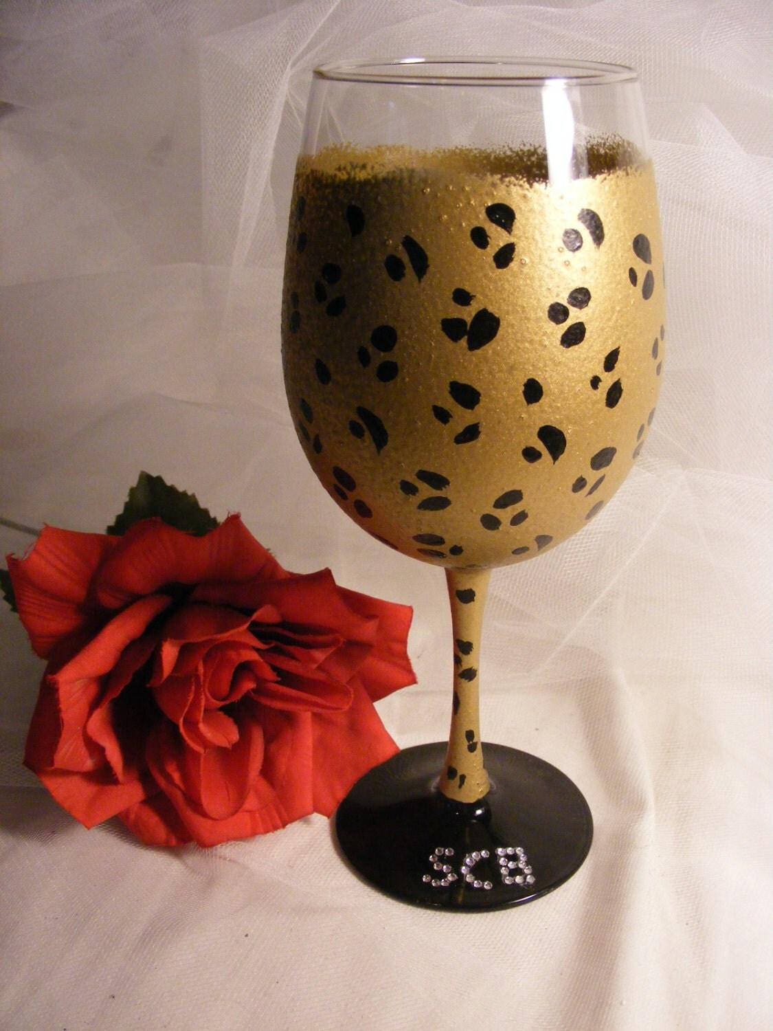 Painted Leopard Wine Glass With Bling By Delightfulfinds
