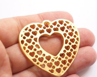 1 pc - Matte Gold Plated Dotted Heart Pendant -45x50 mm-(004-011GP)