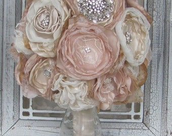 Bridal Brooch Bouquet , Wedding Bouquet,Rhinestone Bouquet,Fabric Flower Bouquet, Vintage bouquet, Champagne and Ivory, Shabby Chic Bouquet