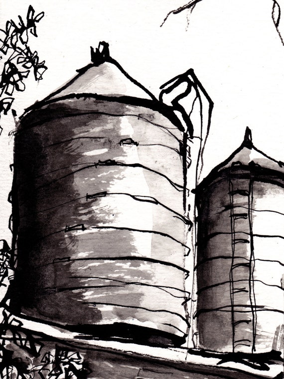Pen and Ink Sketch Drawing NYC Water Tower Black and White