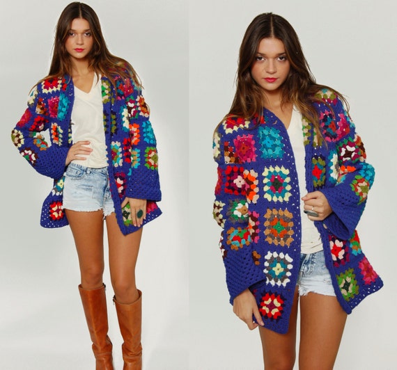 Vintage 1970s GRANNY SQUARE Crochet Sweater Multi Color Hand Knit Free Size Jacket