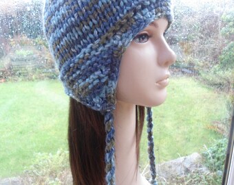 BLUE SOFT SHIMMER unique wool blend chullo ear flap winter hat by irish granny