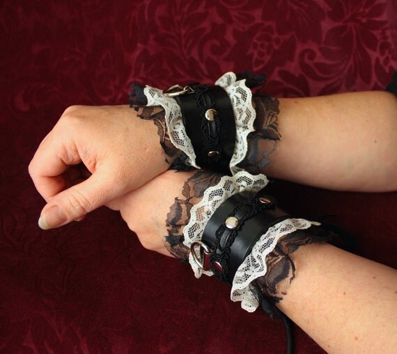 Steampunk French Maid Cuffs Leather & Lace Romantic Victorian