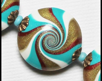 Calypso... Handmade Polymer Clay Beads Set Swirl Spiral Turquoise Teal Aqua Bronze Copper White Antique Brass Bead Caps Jewelry Supplies