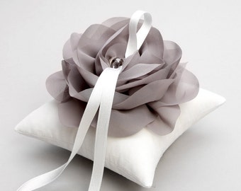 Silver gray ring pillow, wedding ring pillow, flower pillow, ring cushion - Aria