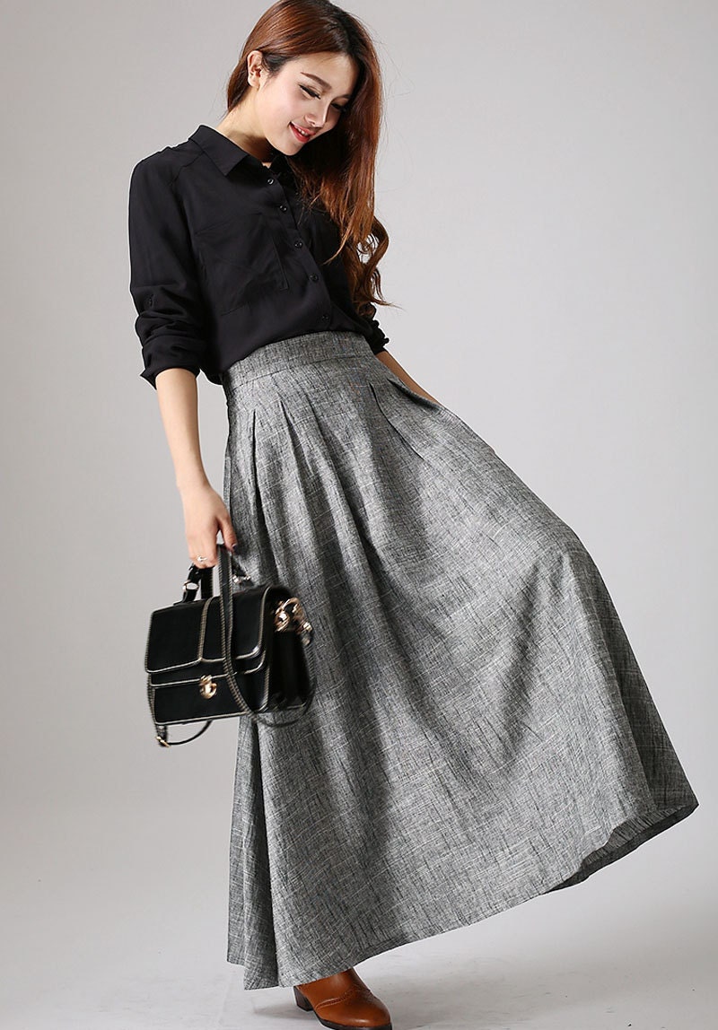 High waisted skirt long skirt gray linen skirt pleated