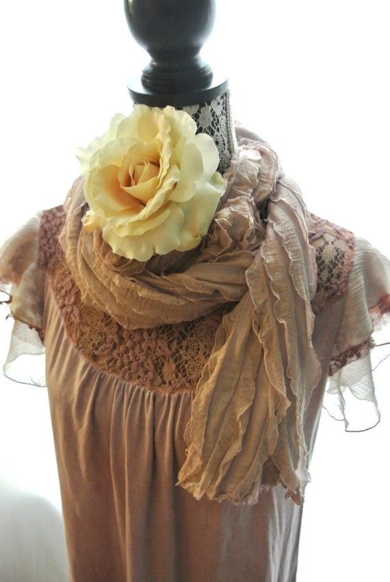 Fall scarf, cottage, boho wrap, shabby brown, romantic ruffle scarf, scarves, altered accessories, rustic country,  true rebel clothing