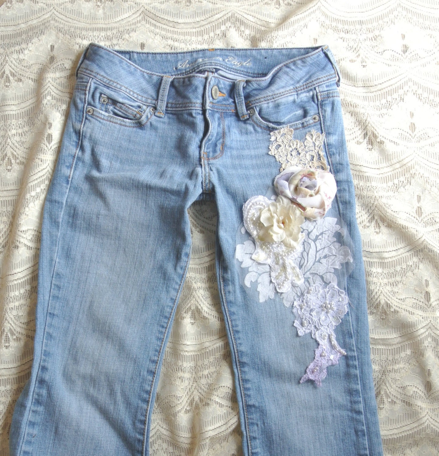 embellished jeans Boho lace jeans romantic by TrueRebelClothing