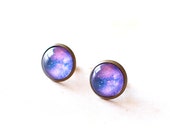 Purple Galaxy Earrings. Space Earrings. Universe Earrings. Glass Dome Earrings. Galaxy Stud Earrings. Space Post Earrings.