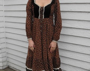 Gunne Sax Dress Brown Print Vintage 70s Boho Prairie Maiden XS
