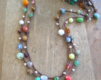 Colorful crochet necklace, Boho jewelry, long boho necklace Gypsy hippie bohemian wrap bracelet, hippie chic, czech glass beads, gemstones