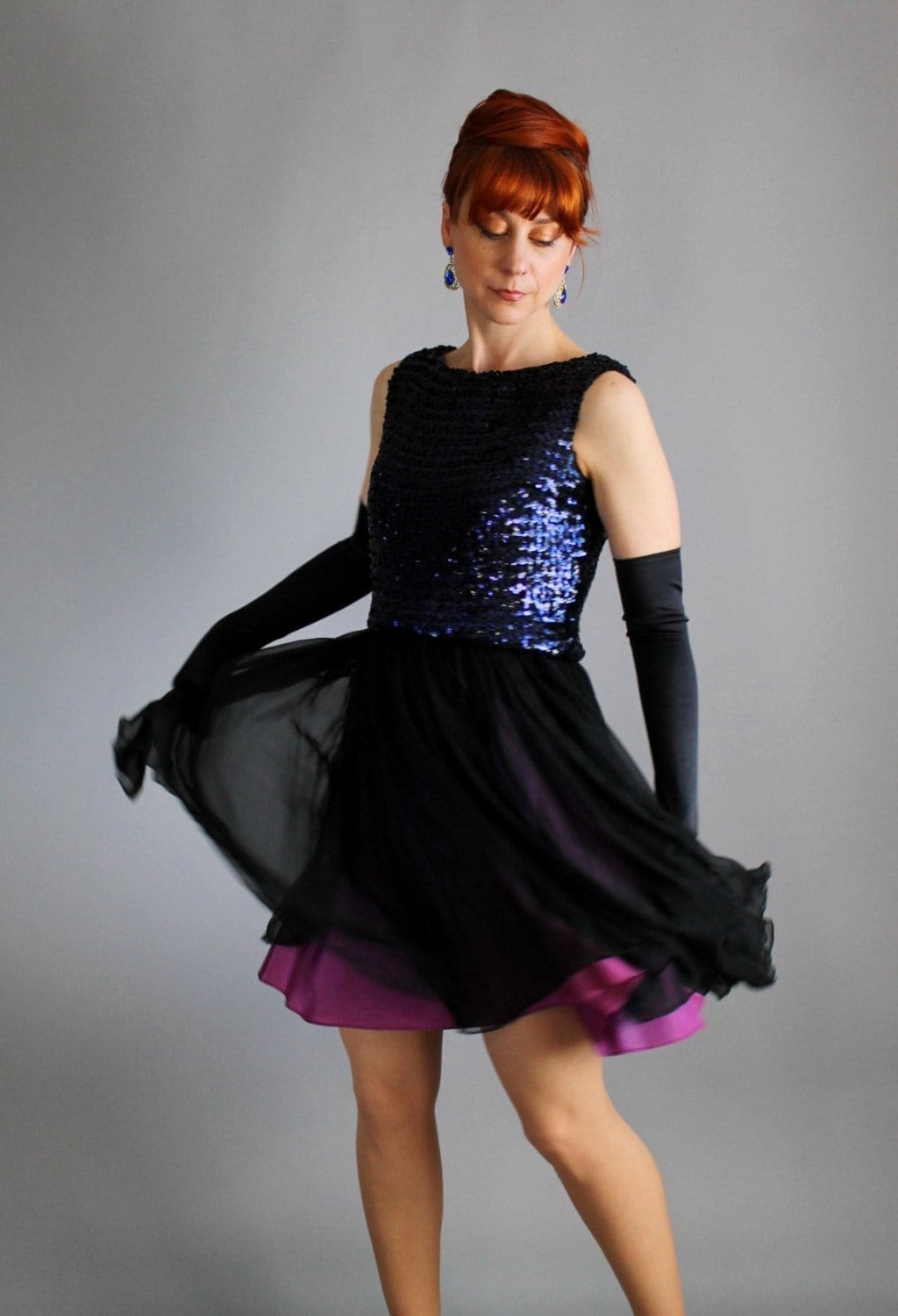 Gorgeous 1960s Purple Midnight Blue Chiffon Sequin Party Dress. Cocktail. Mad Men. Red Carpet. Glam. Prom