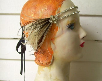 eleanor in beige and black - flapper headband of vintage rhinestones, vintage rhinestone button and black feathers- made to order