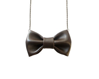 Brown Leather Bow Tie Necklace, Casual Funky Bowtie