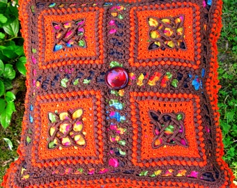 Handmade 15" Pillow Cover,Vintage Crocheted Squares, Celtic Knots, Brown and Orange, Vintage Button, Zipper, Floral Cotton Fabric