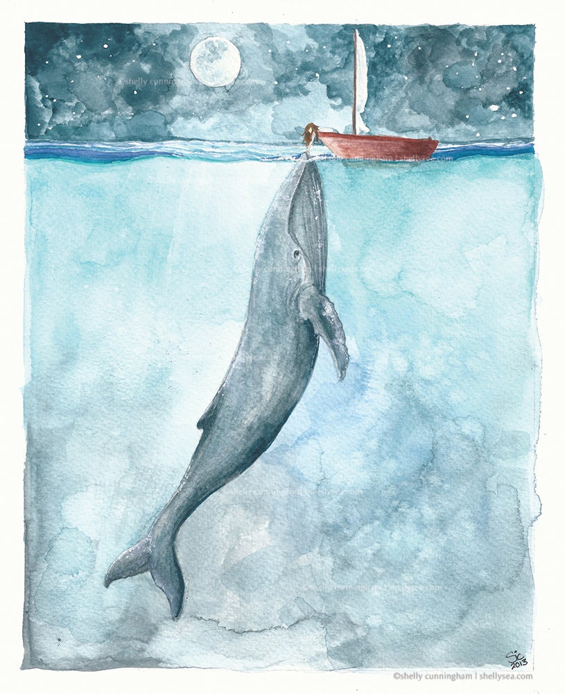 Heart of the Sea 5x7 watercolor print Whale ocean