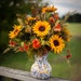 Fall Faux Sunflower Arrangement in Whimsical French Blue & White Mosaic Flower Vase with Yellow Swirl