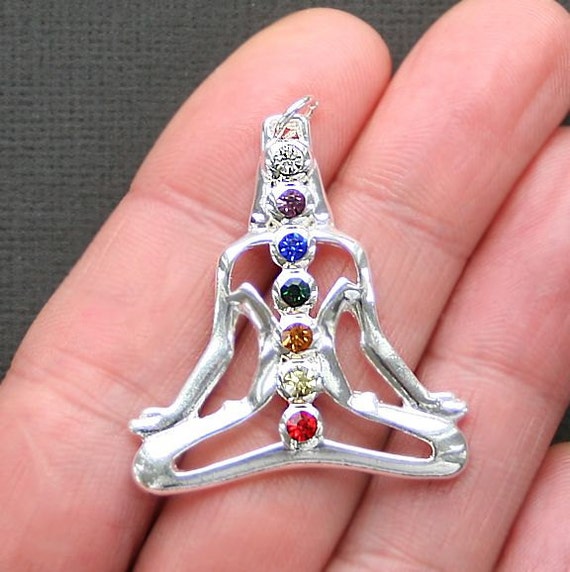 Large Yoga Charm Silver Plated with 7 Rhinestone Chakras