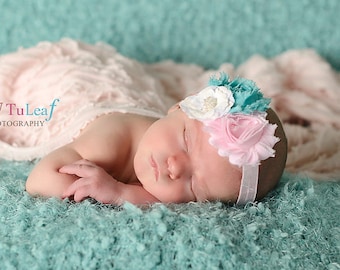 Shabby Chic Pink Turquoise White Headband (Newborn, Toddler, Child)