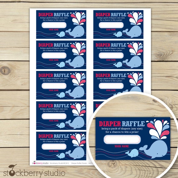 Whale Baby Shower Diaper Raffle Tickets - Red Navy Blue Boy Baby Shower Games - Instant Download - Nautical Baby Shower Diaper Raffle Cards Il_570xn