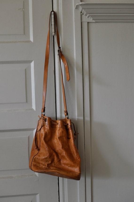 70s Vintage Patterned Leather Drawstring Bucket Bag by lkfeely