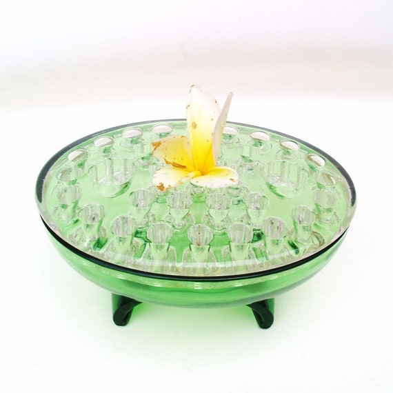 Vintage Green Glass Flower Frog Candle Holder by WhimzyThyme