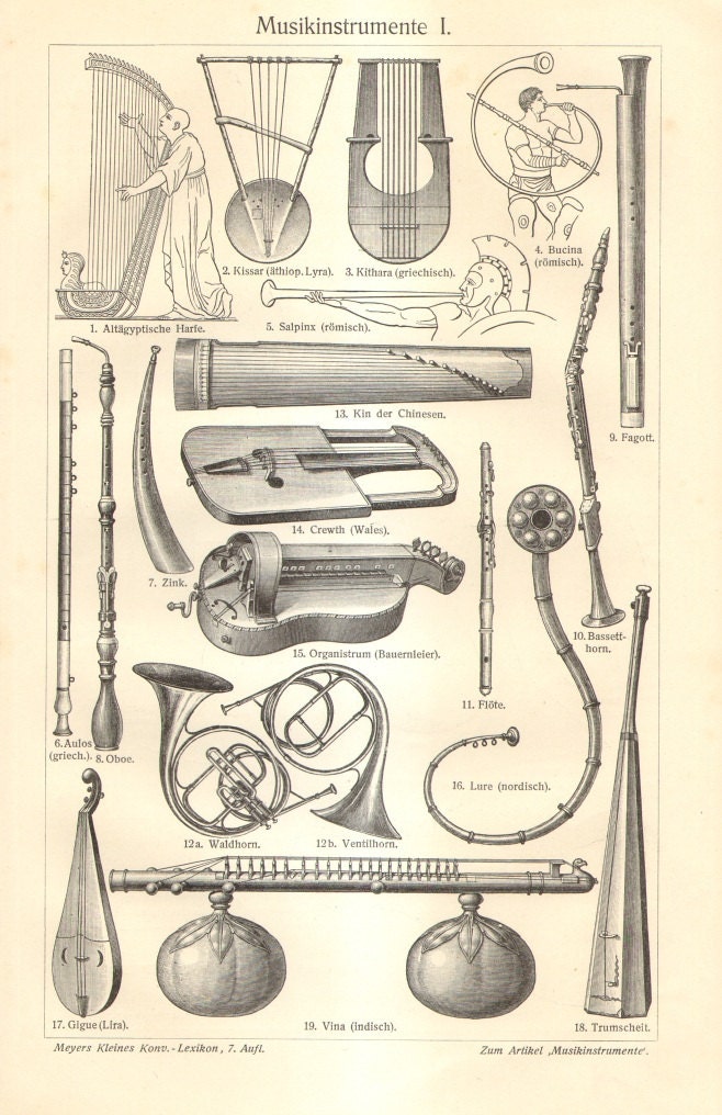 1909 Vintage Print of Musical Instruments Wind Instruments