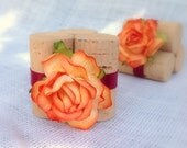 Tangerine Place Card Holder, Weddings, Bridal Showers, Set of 10 Recycled Wine Corks, Handmade Florals, Custom Colors Available