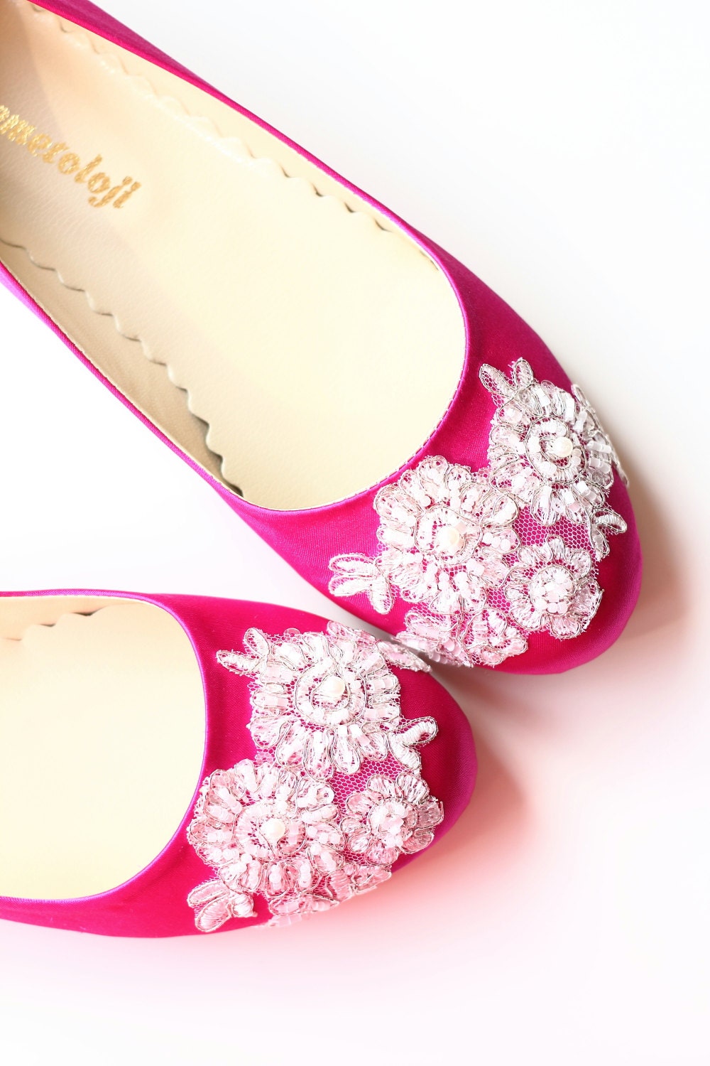Wedding Flat Shoes Fuchsia Pink Satin Bridal Ballet Flats With