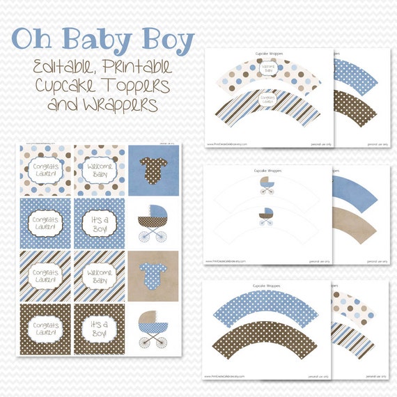 Baby Boy Cupcake Toppers Cupcake Wrappers Blue and Brown