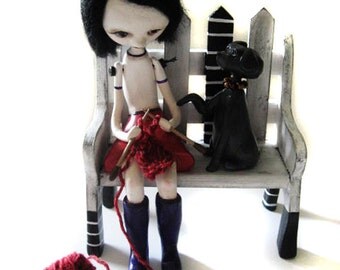 Custom Art Doll - OOAK Art Doll - Girl Knitting - Dog Art Doll