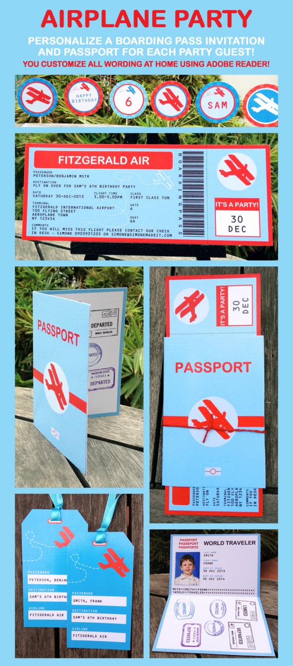 Vintage Airplane Boarding Pass Invitation & Printable Collection, EDITABLE text - personalize at home with Adobe Reader - INSTANT DOWNLOAD Il_570xn