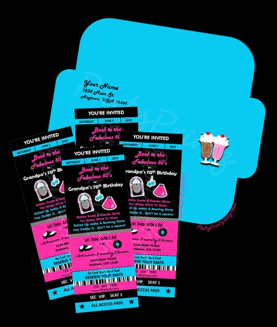 Printable - 50's Party - Ticket Invitations & Envelope - Custom Personalized Il_570xn