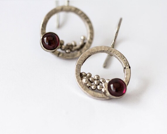 Artisan Silver and Garnet Earrings - Dangle earrings in sterling silver with dark red gemstones