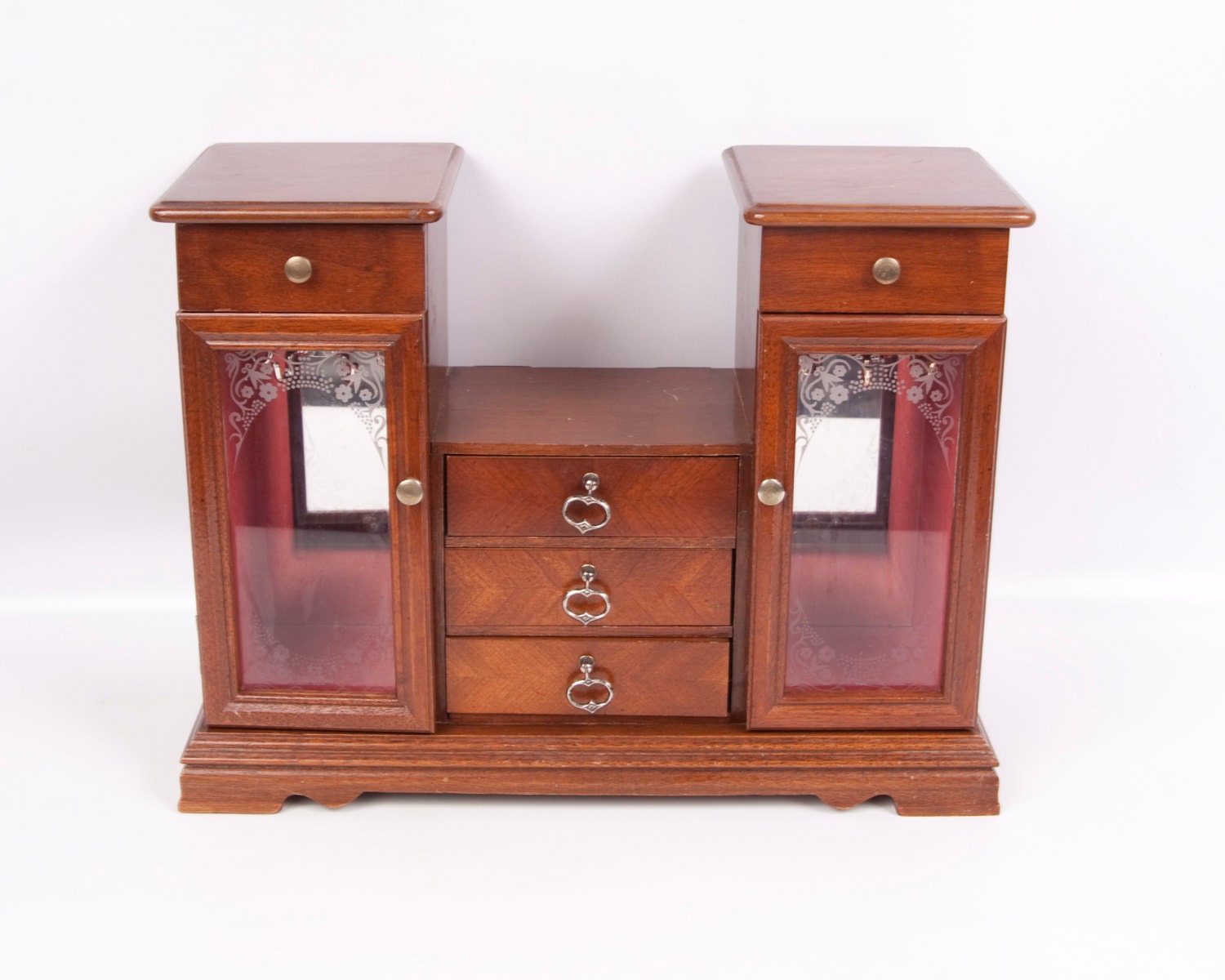 Vintage Jewelry Box Armoire Tabletop Wood Chest Etched Glass