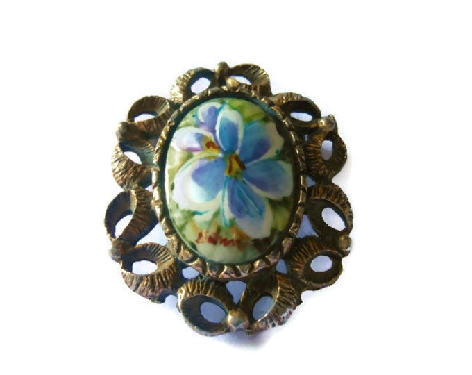 FREE SHIPPING Hand painted pendant brooch signed by artist, floral interchangeable pendant brooch blue violet in copper setting cameo flower
