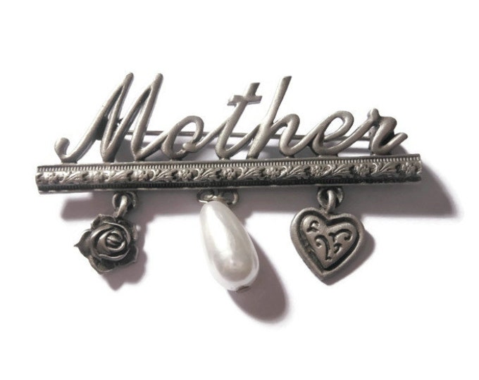 FREE SHIPPING Mother brooch pin, rare Spoontiques JJ Jonette Jewelry signed Mother pin with heart, flower and faux pearl in pewter