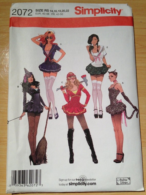 Simplicity Pattern 2072 Misses Sexy Costume Sailor, School Girl, Cat, Witch, and Fire Fighter Size 14-22