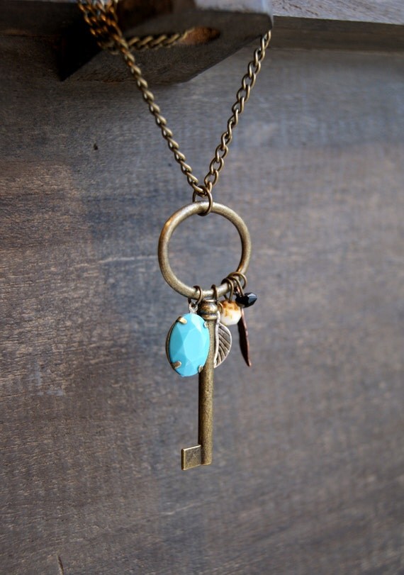 Large Skeleton Key Necklace Key Charm Necklace Turquoise