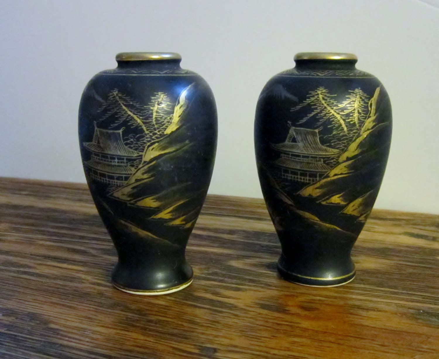 Vintage Japanese Satsuma Vases Black Gold Porcelain Asian