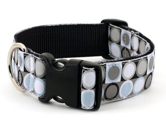 Large Wide - XL dog collar : Mod Dot Grey, Blue, White and Black