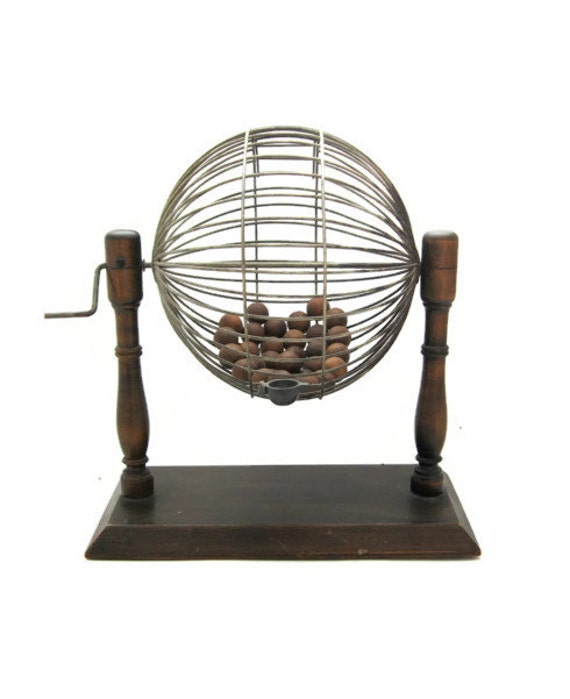 Antique Bingo Cage with Wooden Numbered Balls Metal Cage with