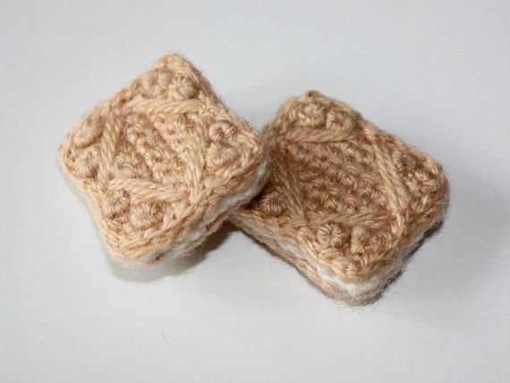 Handmade Crochet Brooch Custard Cream Style Biscuit. Wearable Fiber Art. One item only. FREE SHIPPING!!