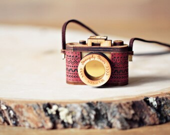 Wood and Leather Camera Necklace- Aztec Red, mustard yellow