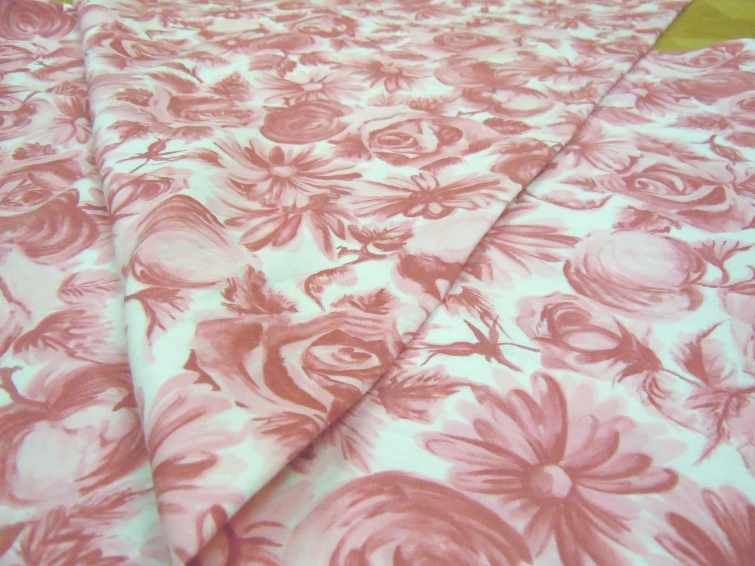 Pink & White Vintage Floral Fabric Large Flowers and Fruit