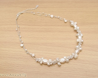 White freshwater pearl necklace with glass beads on silk thread, bridal necklace, wedding jewelry