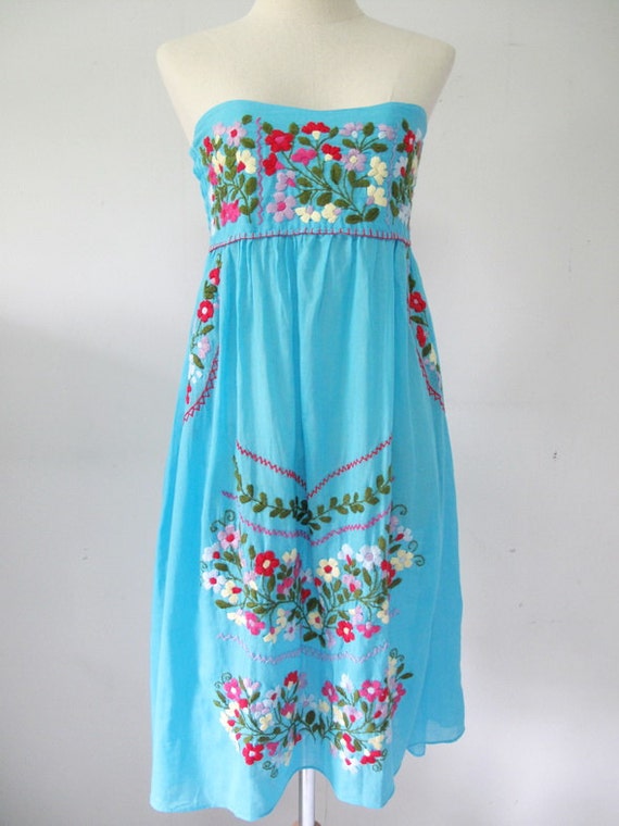 Mexican Embroidered Sundress Cotton Strapless In Blue by chokethai