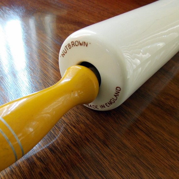 Antique Nutbrown Porcelain Rolling Pin with Mustard Yellow