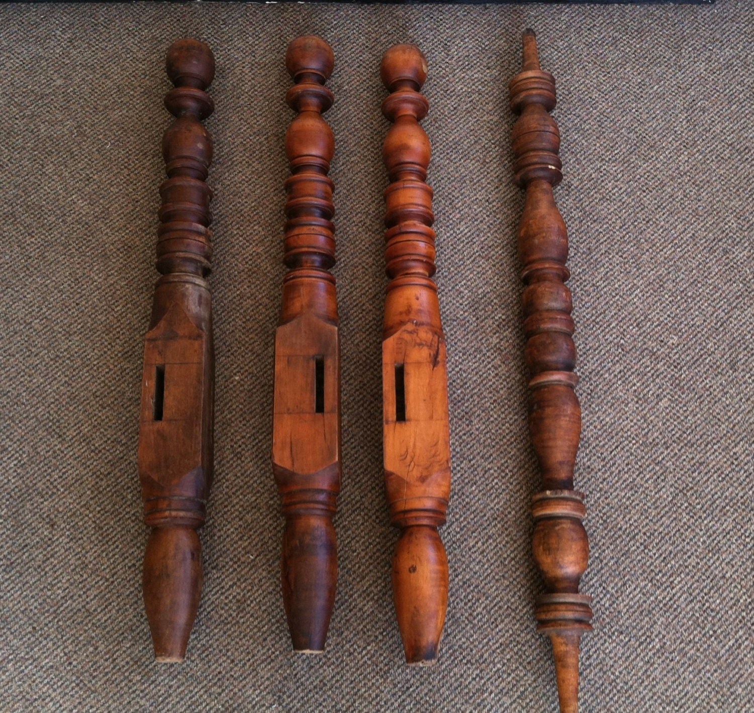 Three Primitive Antique Architectural Bed Posts with Early Turnings